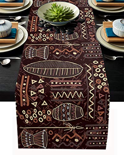 FAMILYDECOR Tischläufer aus Leinen, 33 x 228 cm, afrikanisches Tribal-Design, geometrische Figuren, braune Bauernhaus-Tischläufer für Feiertage, Esszimmer, Küche, Hochzeitsdekorationen von FAMILYDECOR