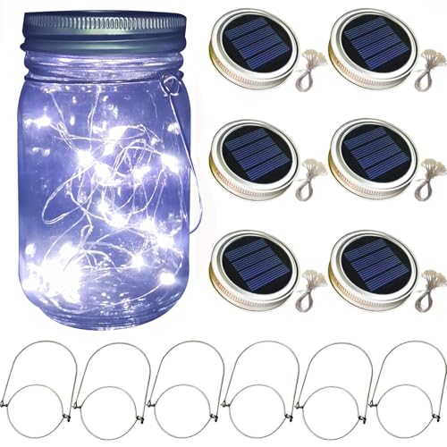 Solar-Einmachglas-Deckel-Lichter, 6 Stück, 30 LEDs, hängende Einmachglas-Lampe, Feen-Lichterkette, mit Aufhängern (ohne Gläser) von FAMKIT