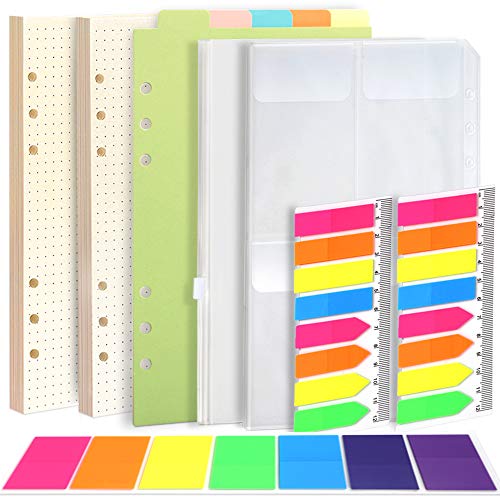 FANDAMEI A5 Gepunktete Nachfüllbare Notizpapier Set, 2 Packe 6 Löcher A5 Nachfüllpapier A5 90 Blätter, 5 Stücke Farbige Trennblätter A5, 460 Stücke Haftnotizen Bunt, 2 Stücke Umschlägbeutel A5 von FANDAMEI