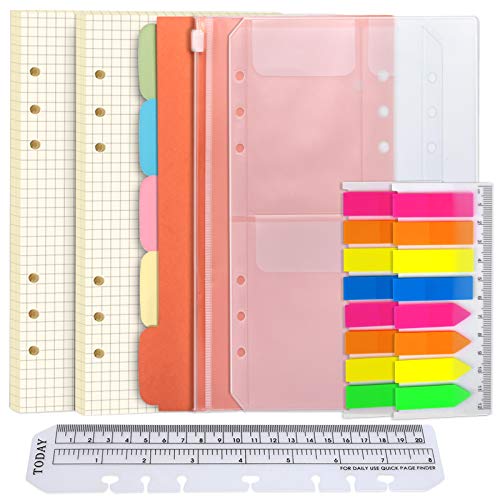 FANDAMEI A5 Papier Karierte Nachfüllpapier Set, 6 Löcher A5 Nachfüllbare Notizpapier 90 Blätter, 5 Stücke Farbige Trennblätter A5, 320 Stücke Haftnotizen Bunt, 2 Stücke Umschlägbeutel, 20CM Lineal von FANDAMEI