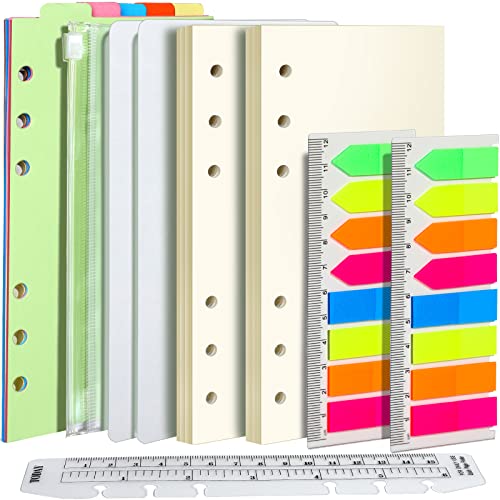 FANDAMEI A6 Papier Blanko Nachfüllpapiere Set, 6 Löcher Personal Nachfüllbare Notizpapier 90 Blätter, 7 Stk. Trennblätter A6, 320 Stk. Haftnotizen, 15 CM Lineal A6, 1 Stk. Umschlägbeutel von FANDAMEI