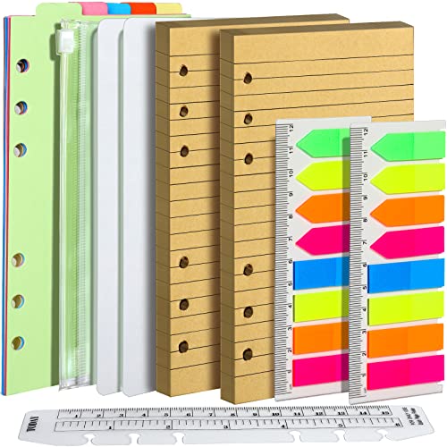 FANDAMEI Linierte Kraftpapiere Papier Nachfüllpapiere Set, 6 Löcher Craft Paper A6 Nachfüllbare Notizpapier 90 Blätter, 7 Stk. Trennblätter, 320 Stk. Haftnotizen, 15 CM Lineal, 1 Stk. Umschlägbeutel von FANDAMEI