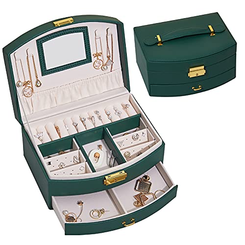 FANDOL Schmuckschatulle, tragbare Reise-Schmuckschatulle mit abschließbaren Ohrringen, Halsketten, Armbändern, Aufbewahrungsbox, Geschenke für Mädchen und Damen (dunkelgrün) von FANDOL