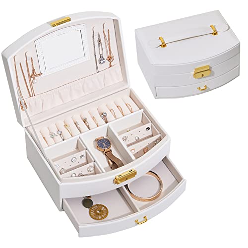 Schmuckschatulle, tragbare Reise-Schmuckschatulle mit abschließbaren Ohrringen, Halsketten, Armbändern, Aufbewahrungsbox, Geschenke für Mädchen und Damen (weiß) von FANDOL