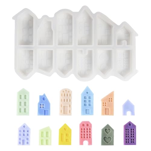 Silikonformen Gießformen Häuser,2 Stück 3D Silikonform Haus Gips Zum Gießen silikonform weihnachten Gießformen Silikon,Silikonform Kerzenhalter Gießform Haus Giessformen Silikon (12Pcs Häuser) von FANGCCC