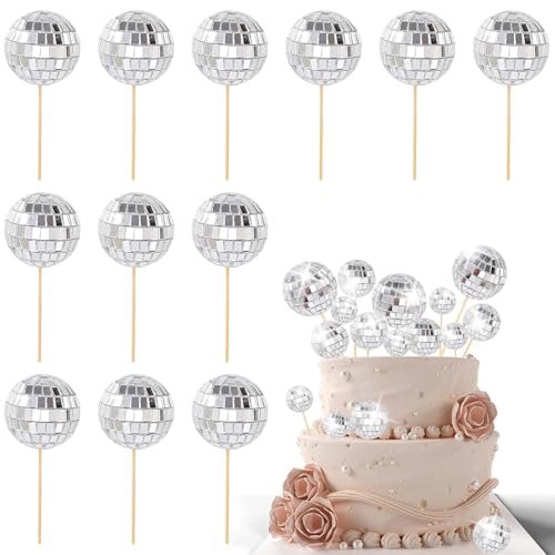 12 Stück 70er Jahre Disco Thema Kuchen Dekoration Mini Discokugeln Kuchen Topper Discokugel Cupcake Topper für Disco Thema Party Supplies (Silber) von FANGWSSIBEI