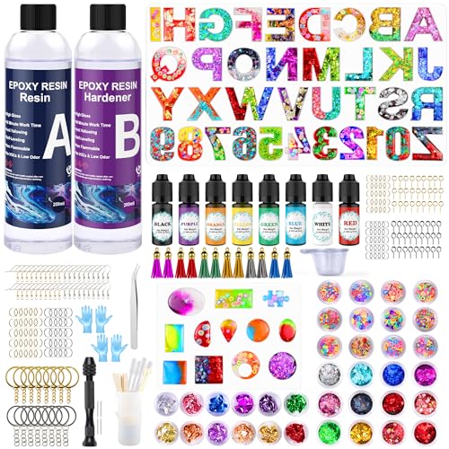 Epoxidharz Set Anfänger, Epoxidharz mit Härter, Formen Buchstaben Zahlen Epoxy Resin Silikonform für Schlüsselanhänger, 400ml harz Gießen Zubehör, Farbe, Pailletten, Quasten von FANKOO