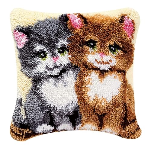 FANKXIUXI Knüpfhaken-Teppich-Set,groß,Kissenbezug, Knüpfhaken-Set,leicht zu befolgende Stickerei,Kissenbezug,Riegel,Stricken,Starter-Set,43 x 43 cm,Katze von FANKXIUXI