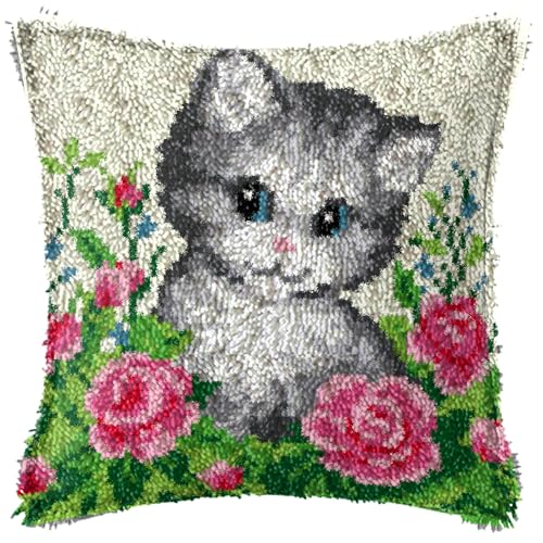 FANKXIUXI Knüpfkissen Set mit Knüpfhaken und Toolkit zum Selber Knüpfen Kissens Latch Hook Kissen Kit Katze 43x43cm A1 von FANKXIUXI