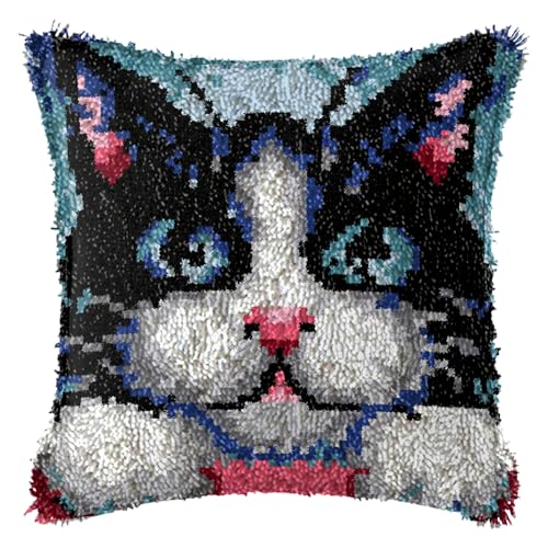 FANKXIUXI Knüpfkissen Set mit Knüpfhaken und Toolkit zum Selber Knüpfen Kissens Latch Hook Kissen Kit Katze 43x43cm A1 von FANKXIUXI