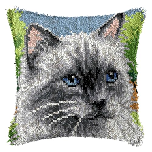 FANKXIUXI Knüpfkissen Set mit Knüpfhaken und Toolkit zum Selber Knüpfen Kissens Latch Hook Kissen Kit Katze 43x43cm A12 von FANKXIUXI