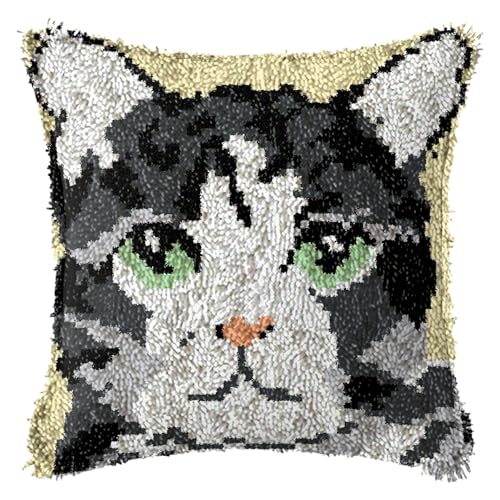 FANKXIUXI Knüpfkissen Set mit Knüpfhaken und Toolkit zum Selber Knüpfen Kissens Latch Hook Kissen Kit Katze 43x43cm A15 von FANKXIUXI