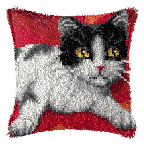 FANKXIUXI Knüpfkissen Set mit Knüpfhaken und Toolkit zum Selber Knüpfen Kissens Latch Hook Kissen Kit Katze 43x43cm A16 von FANKXIUXI