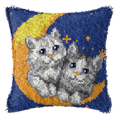 FANKXIUXI Knüpfkissen Set mit Knüpfhaken und Toolkit zum Selber Knüpfen Kissens Latch Hook Kissen Kit Katze 43x43cm A17 von FANKXIUXI