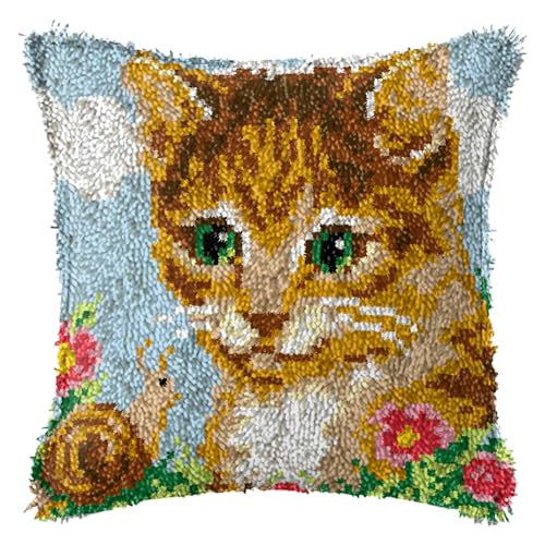 FANKXIUXI Knüpfkissen Set mit Knüpfhaken und Toolkit zum Selber Knüpfen Kissens Latch Hook Kissen Kit Katze 43x43cm A20 von FANKXIUXI