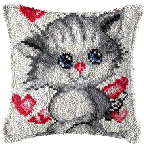 FANKXIUXI Knüpfkissen Set mit Knüpfhaken und Toolkit zum Selber Knüpfen Kissens Latch Hook Kissen Kit Katze 43x43cm A22 von FANKXIUXI