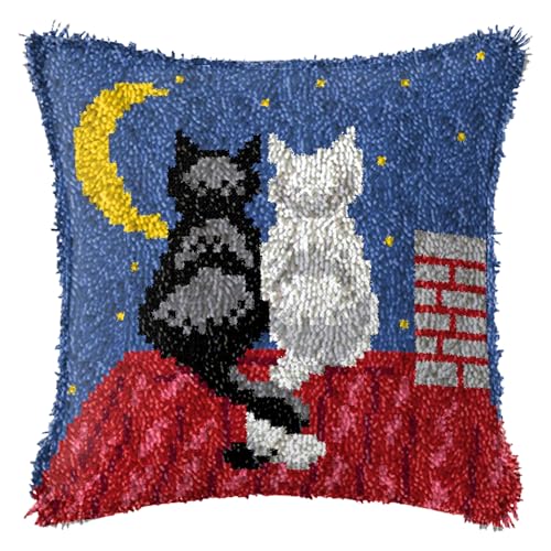 FANKXIUXI Knüpfkissen Set mit Knüpfhaken und Toolkit zum Selber Knüpfen Kissens Latch Hook Kissen Kit Katze 43x43cm A23 von FANKXIUXI