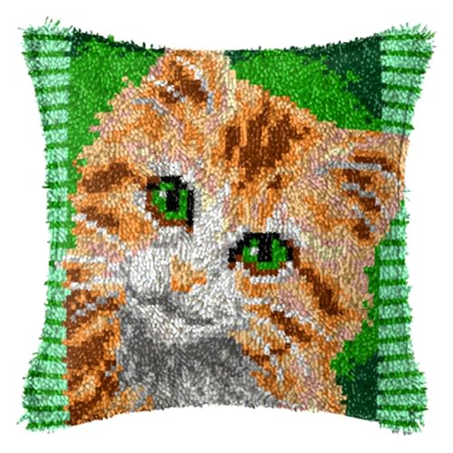 FANKXIUXI Knüpfkissen Set mit Knüpfhaken und Toolkit zum Selber Knüpfen Kissens Latch Hook Kissen Kit Katze 43x43cm A26 von FANKXIUXI