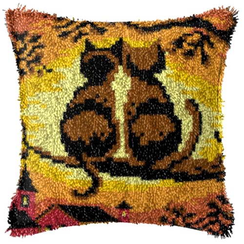 FANKXIUXI Knüpfkissen Set mit Knüpfhaken und Toolkit zum Selber Knüpfen Kissens Latch Hook Kissen Kit Katze 43x43cm A27 von FANKXIUXI