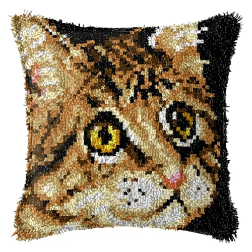 FANKXIUXI Knüpfkissen Set mit Knüpfhaken und Toolkit zum Selber Knüpfen Kissens Latch Hook Kissen Kit Katze 43x43cm A29 von FANKXIUXI