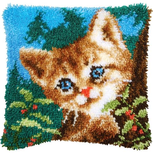 FANKXIUXI Knüpfkissen Set mit Knüpfhaken und Toolkit zum Selber Knüpfen Kissens Latch Hook Kissen Kit Katze 43x43cm A33 von FANKXIUXI