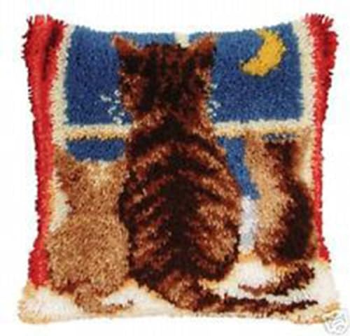 FANKXIUXI Knüpfkissen Set mit Knüpfhaken und Toolkit zum Selber Knüpfen Kissens Latch Hook Kissen Kit Katze 43x43cm A7 von FANKXIUXI