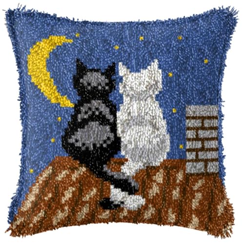 FANKXIUXI Knüpfkissen Set mit Knüpfhaken und Toolkit zum Selber Knüpfen Kissens Latch Hook Kissen Kit Katze 43x43cm A8 von FANKXIUXI