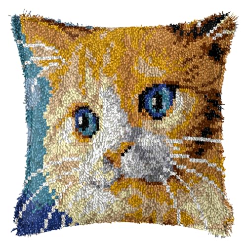 FANKXIUXI Knüpfkissen Set mit Knüpfhaken und Toolkit zum Selber Knüpfen Kissens Latch Hook Kissen Kit Katze 43x43cm A9 von FANKXIUXI