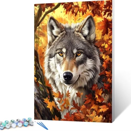 Ahornblatt Malen Nach Zahlen Erwachsene, Malen Nach Zahlen DIY Handgemalt Ölgemälde Kit für Anfänger und Erwachsene, Paint by Numbers Basteln mit Pinseln Home Wand Dekor, Ohne Rahmen 50 x70cm Wolf R-4 von FANLIGZU