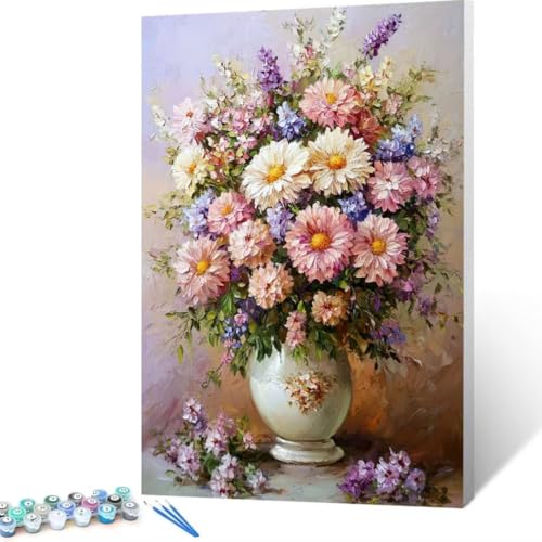 Blume Malen Nach Zahlen Erwachsene, Malen Nach Zahlen DIY Handgemalt Ölgemälde Kit für Anfänger und Erwachsene, Paint by Numbers Basteln mit Pinseln Home Wand Dekor, Ohne Rahmen 100x135 cm Vase W - 9 von FANLIGZU