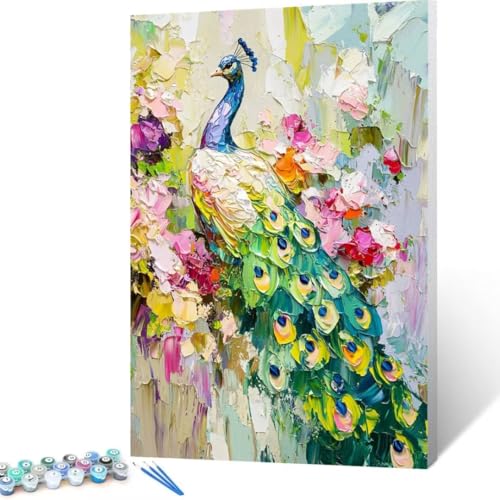 Blume Malen Nach Zahlen Erwachsene, Malen Nach Zahlen DIY Handgemalt Ölgemälde Kit für Anfänger und Erwachsene, Paint by Numbers Basteln mit Pinseln Home Wand Dekor, Ohne Rahmen 50 x70 cm Pfau X - 4 von FANLIGZU