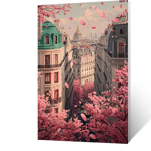 Diamond Painting Erwachsene Stadt, 5D Volldiamant Malen Nach Zahlen Kirschblüten mit Diamond Painting Zubehör, Runde Diamant Strasssteine Bastelset Erwachsene, DIY set für Zimmer Deko 40x55cm Model903 von FANLIGZU