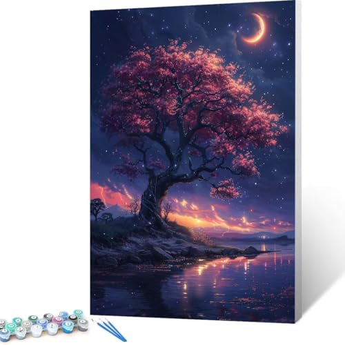 Malen Nach Zahlen Erwachsene Baum, Paint by Numbers, DIY Bastelset Erwachsene Mond, mit Pinseln und Acrylfarben Handgemalt Ölgemälde Leinwand für Home Decor Geschenk, Ohne Rahmen 80x110 cm P-h5 von FANLIGZU