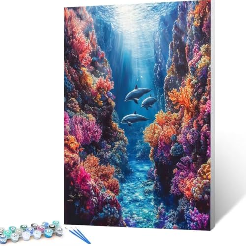 Malen Nach Zahlen Erwachsene Delphin, Paint by Numbers Meer Malen Nach Zahlen, DIY Vorgedruckte Leinwand Ölgemälde Kits, Bastelset Erwachsene DIY, Home Decor Wand Asthetik, Geschenk 90x120cm L-f0 von FANLIGZU