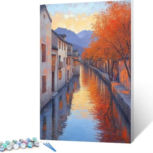 Malen Nach Zahlen Erwachsene Kleine Stadt, Paint by Numbers River Malen Nach Zahlen, DIY Vorgedruckte Leinwand Ölgemälde Kits, Bastelset Erwachsene DIY, Wall art Home Decor Geschenk 40x55cm H-e1 von FANLIGZU