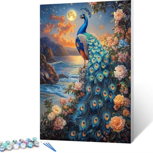 Malen Nach Zahlen Erwachsene Pfau, Paint by Numbers, DIY Bastelset Erwachsene Blume, mit Pinseln und Acrylfarben Handgemalt Ölgemälde Leinwand für Home Decor Geschenk, Ohne Rahmen 35x50cm J - 2 von FANLIGZU