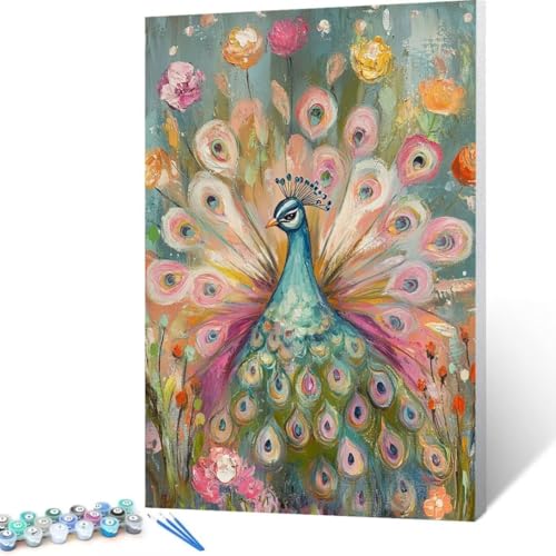 Malen Nach Zahlen Erwachsene Pfau, Paint by Numbers, DIY Bastelset Erwachsene Blume, mit Pinseln und Acrylfarben Handgemalt Ölgemälde Leinwand für Home Decor Geschenk, Ohne Rahmen 35x50cm Y - 2 von FANLIGZU