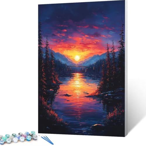 Malen Nach Zahlen Erwachsene Sonnenuntergang, Paint by Numbers, DIY Bastelset Erwachsene Landschaft, mit Pinseln und Acrylfarben Handgemalt Ölgemälde Leinwand für Home Decor Geschenk 35x50cm G - 2 von FANLIGZU