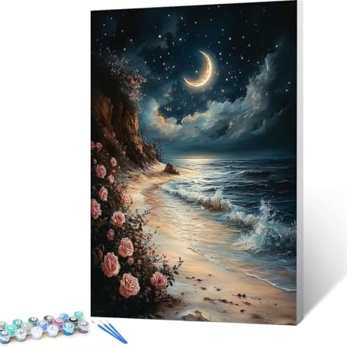 Malen Nach Zahlen Erwachsene Strand, Paint by Numbers, DIY Bastelset Erwachsene Mond, mit Pinseln und Acrylfarben Handgemalt Ölgemälde Leinwand für Home Decor Geschenk, Ohne Rahmen 35x50cm F-d4 von FANLIGZU