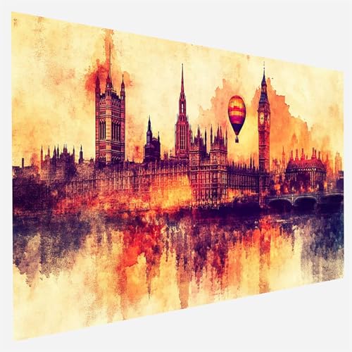 Malen Nach Zahlen Erwachsene Themse, Paint by Numbers, DIY Erwachsene Big Ben, mit Pinseln und Acrylfarben Handgemalt öLgemäLde Leinwand für Home Wand Decor Geschenk, Ohne Rahmen 35 x 70 cm T-O-E von FANLIGZU