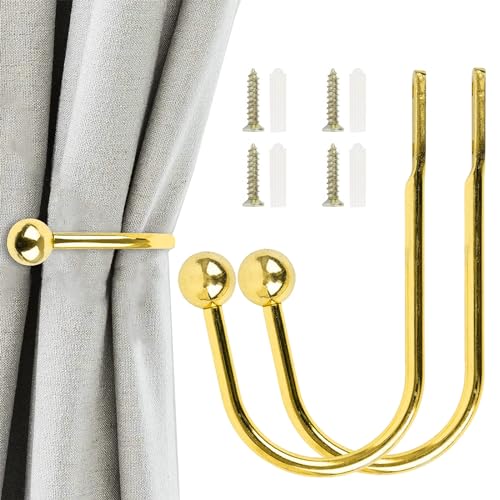 FANNAS 2 Stück Raffhalter Gardinen,Dekorativer Metall Vorhang Raffhalter Haken,Wandbefestigung U-Form Raffbügel,Vorhänge Tieback Hooks für Schlafzimmer Wohnzimmer Bäder Büros Cafés (Gold) von FANNAS