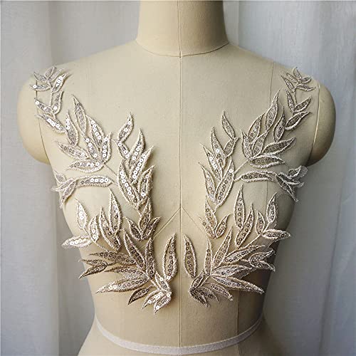 2 stücke Gold Blatt Blätter Spitze Stoff Pailletten Bestickt Kleid Applikationen Kragen Nähen Patches Für Hochzeit Dekoration Kleid DIY von FANNKE