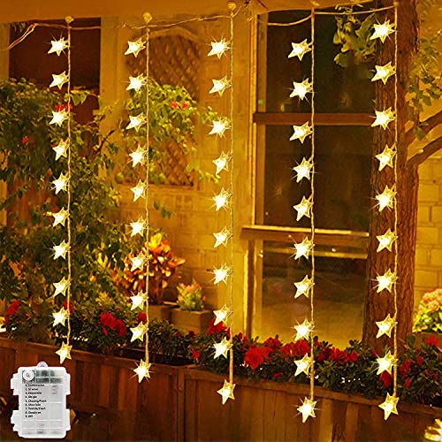 Sterne Lichtervorhang Lichterketten Batteriebetriebene 1m x 1m 50 LED Weihnachtsschnur Outdoor Sterne Lichter Wasserdicht 8 Modi für Fenster, Schlafzimmer, Party, Innen, Außendekorationen (Warmweiß) von FANSIR