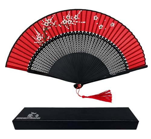 FANSOF.FANS Faltbarer Handfächer, schwarzer und roter Seidenstoff, Bambusrippen, geblümter chinesischer Handfächer mit einem Beutel und Einer Schachtel als Geschenk (Style02) von FANSOF.FANS