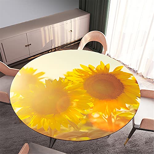 FANSU 3D Runde Tischdecke Abwaschbar Lotuseffekt, Sonnenblumen Motiv Wasserdicht Elastische Tischdecken Fleckschutz Abwischbar Tischtuch für Outdoor Garten (Goldene Sonne,Durchmesser 100cm) von FANSU