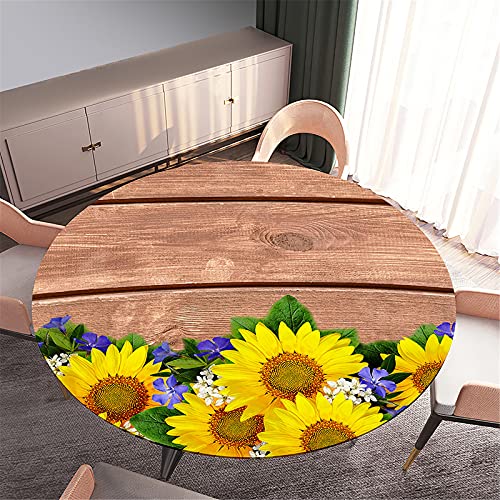 FANSU 3D Runde Tischdecke Abwaschbar Lotuseffekt, Sonnenblumen Motiv Wasserdicht Elastische Tischdecken Fleckschutz Abwischbar Tischtuch für Outdoor Garten (Holzmaserung braun,Durchmesser 160cm) von FANSU