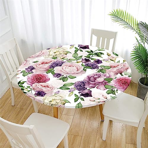 FANSU 3D Runde Tischdecke Elastisch Abwaschbar für Draußen Elegante Blumen Druck Tischdecken Wasserdicht Tischdecken Lotuseffekt Tischtuch für Outdoor Garten (Durchmesser 130cm,Pfingstrose Blätter) von FANSU