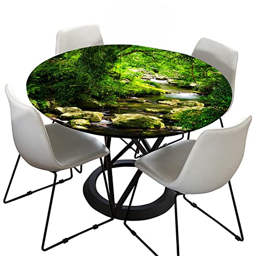 FANSU 3D Wald Tischdecke Rund Abwaschbar, Elastisch Tischdecken Wasserdicht Fleckschutz Abwischbar Tischtuch für Dekoration Outdoor Küchentisch Garten (Wald Bach,Durchmesser 120cm) von FANSU