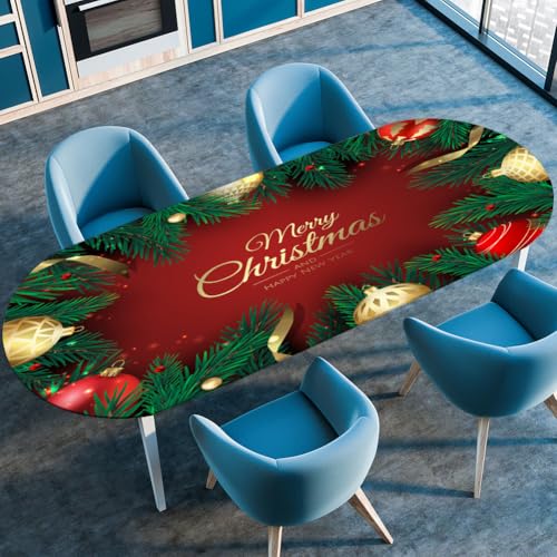 FANSU 3D Weihnachten Ovale Tischdecke Garten Abwaschbar mit Elastischem Rand,für Outdoor Gartentischdecke Elastisch für Küche, Esszimmer, Picknick, Party (107cmx183cm（42"x72"）,Weihnachtskugeln 1) von FANSU