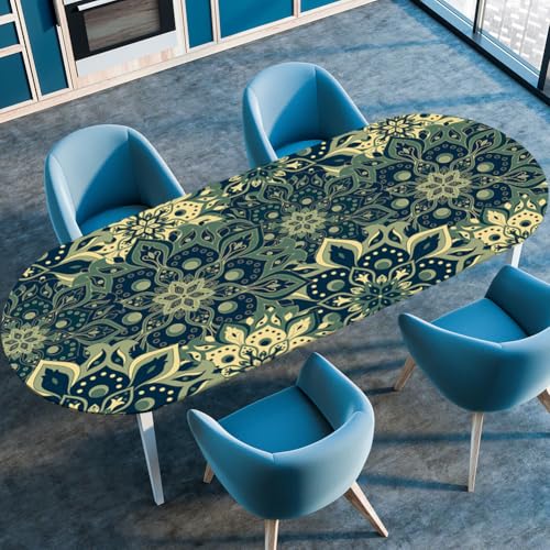 FANSU Ovale Tischdecke 3D-Pflanzen Garten Abwaschbar mit Elastischem Rand,für Outdoor Gartentischdecke Elastisch für Küche, Esszimmer, Picknick, Party (114cmx142cm（45"x56"）,Mandala) von FANSU